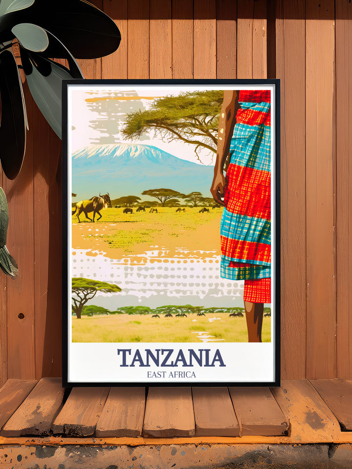 A detailed travel poster of Tanzanias Mount Kilimanjaro and Serengeti National Park, capturing the essence of Africas most famous landscapes. Ideal for those who love the outdoors and appreciate the beauty of Tanzanias wildlife and natural wonders.