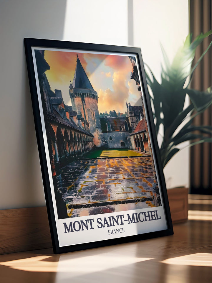 France travel print of Mont Saint Michel featuring The Abbey Courtyard a must have for those who love elegant home decor and stunning wall art capturing the charm of this historic site.