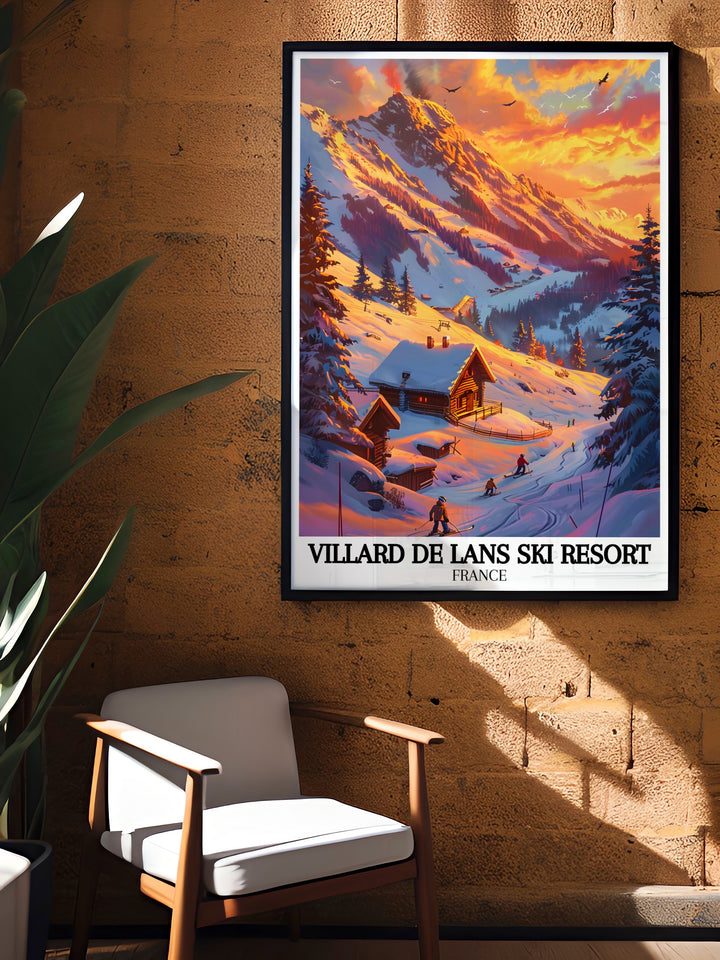 The Villard de Lans Ski Resort Print highlights the iconic Villard de Lans village and the towering Grande Moucherolle peak making it a perfect piece of artwork for your living room bedroom or office space with a vintage alpine charm.