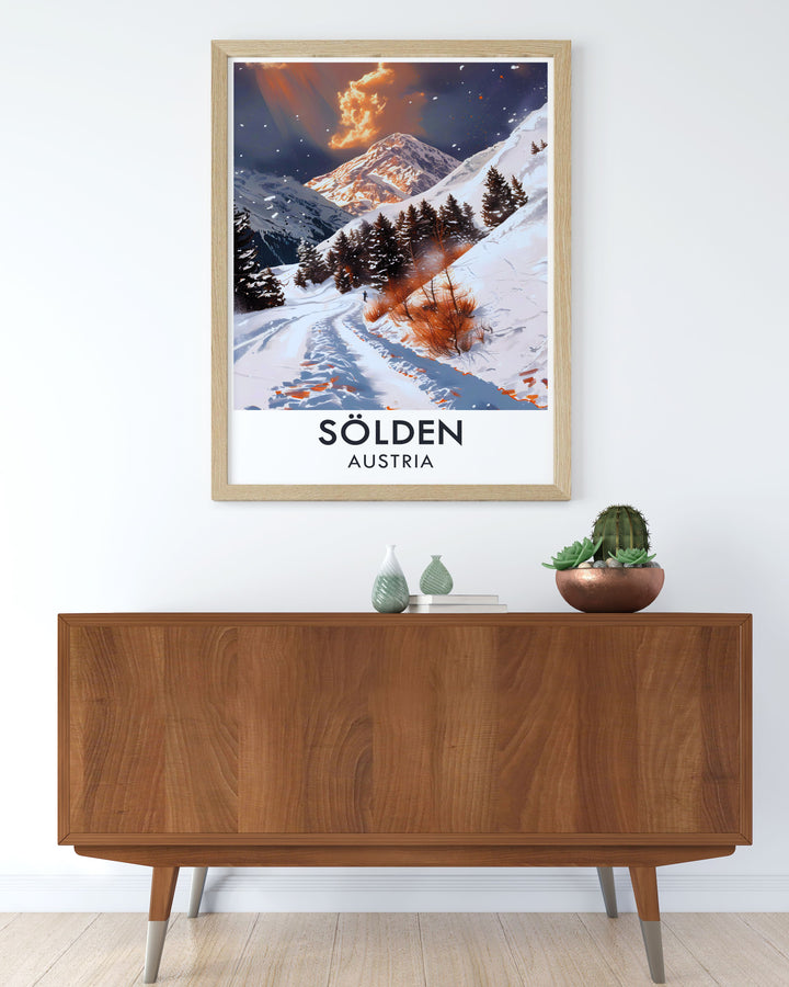 Experience the breathtaking landscapes of Solden with this detailed poster featuring the ski resort and Rettenbach Glacier, capturing the essence of a winter wonderland and its exhilarating slopes.