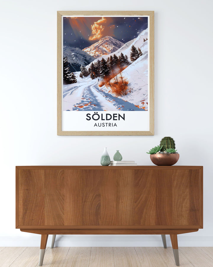 Snowboarding fans will love this dynamic Snowboarding Travel Print, showcasing the best of Soldens slopes and the stunning Rettenbach Glacier. Whether youre a snowboarder or an admirer of alpine beauty, this poster is a perfect addition to any wall.