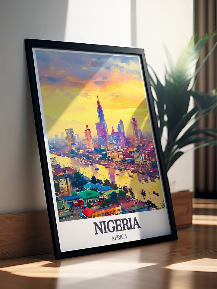 Transform your space with this Lagos and Victoria Island framed print a beautiful representation of Nigerias bustling city streets and modern architecture ideal for any room.