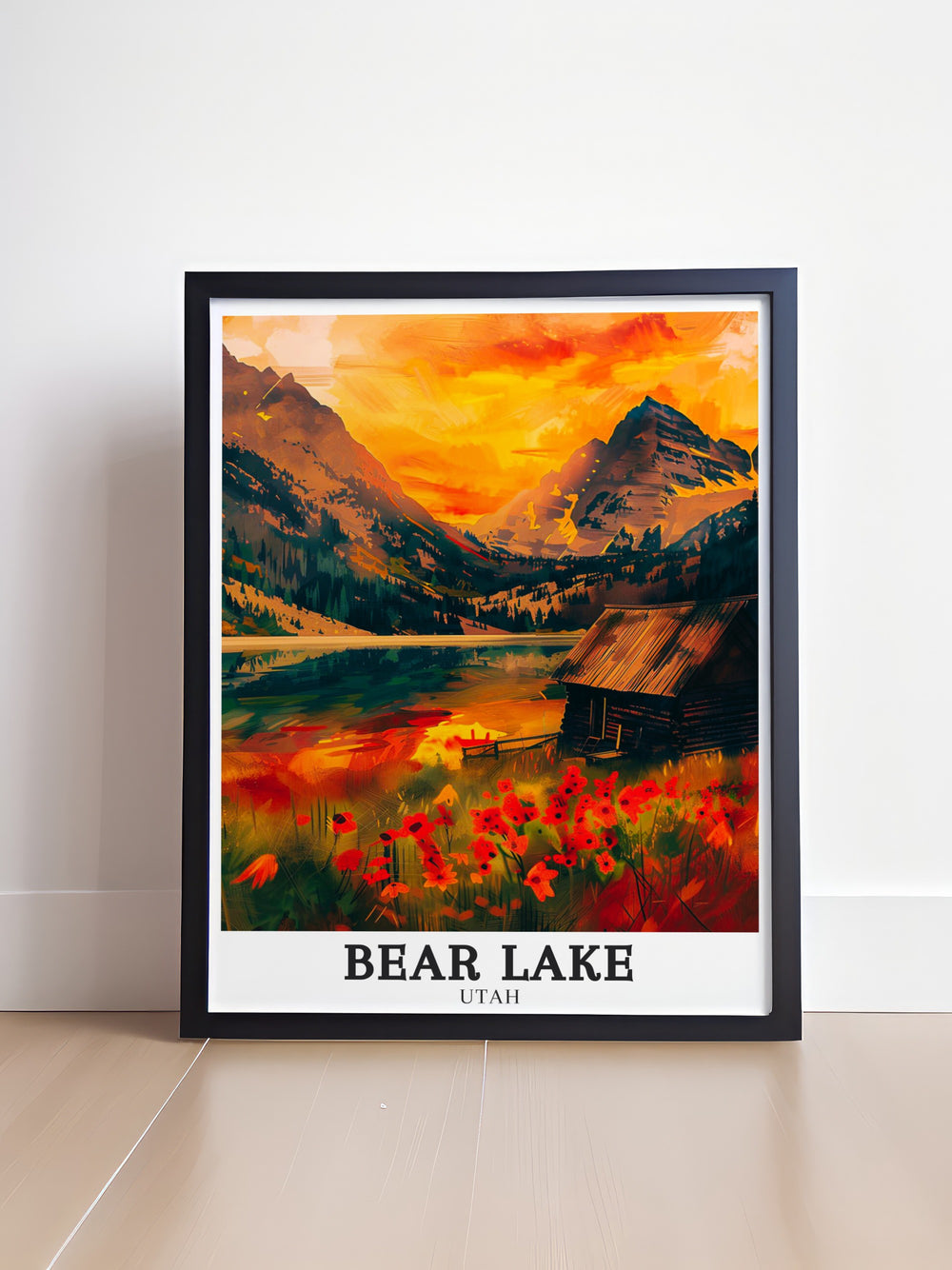 Captivating art print of Bear Lake with its stunning blue waters set against the backdrop of the Bear River Mountains, perfect for adding a touch of nature to your home decor or as a travel poster