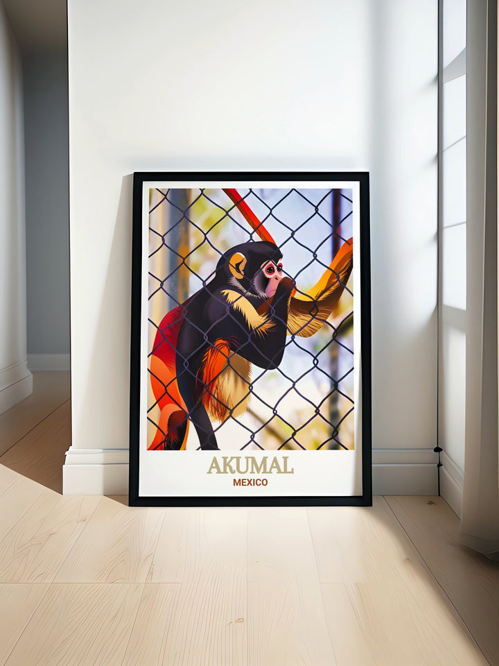 Fine line print of Akumal Monkey Sanctuary and Rescued Animals showcasing vibrant colors and intricate details perfect for modern home decor and unique gifts