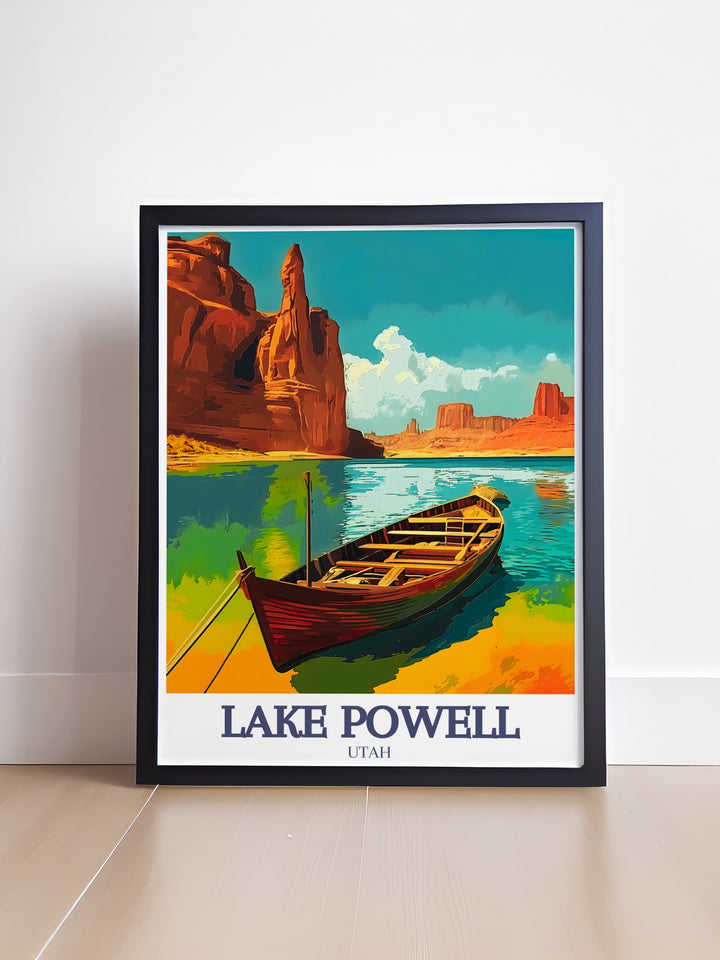 This Lake Powell travel poster print features the serene waters of Glen Canyon cove with the dramatic landscapes of Padre Bay in the background. A perfect addition to any home, office, or gallery for those who appreciate the beauty of natural wonders.