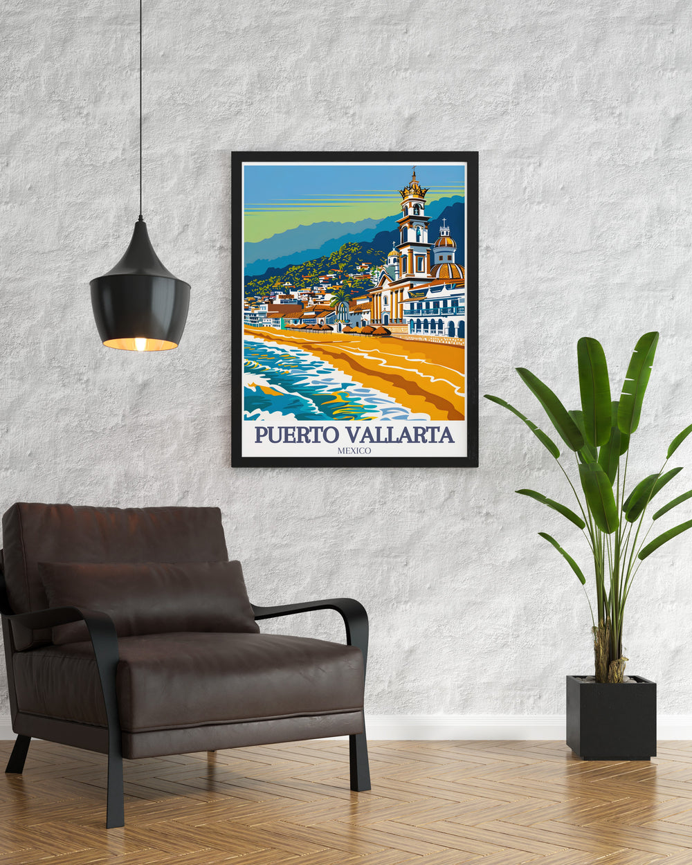 Stunning Puebla Poster showcasing colorful Mexican cityscape ideal for living room decor includes Puerto Vallarta beach Our Lady of Guadalupe Church elegant home decor to create a captivating atmosphere