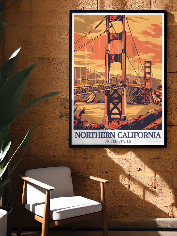 Redwood Sequoia Canvas Art combines the towering beauty of Northern Californias redwoods with the architectural splendor of the Golden Gate Bridge. This travel print offers a seamless blend of nature and city life, creating a unique framed art piece that will enhance any space.