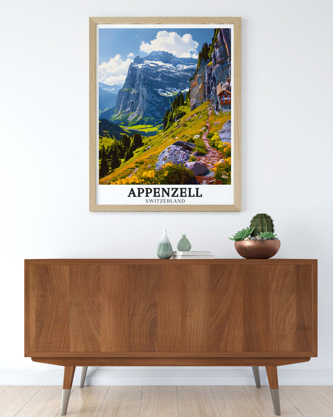 Appenzell wall poster featuring the alpine beauty of this Swiss village, with Ebenalp Mountain and Aescher guesthouse in the background. A perfect addition to any home decor.