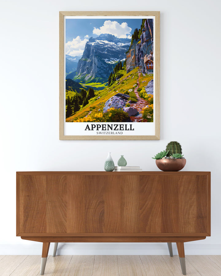 Appenzell wall poster featuring the alpine beauty of this Swiss village, with Ebenalp Mountain and Aescher guesthouse in the background. A perfect addition to any home decor.