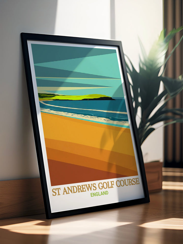 Stunning poster print of St Andrews Golf Course, capturing the timeless beauty of this historic Scottish location. Perfect for golf enthusiasts and those who appreciate Scotlands rich heritage, this detailed artwork brings the legacy of St Andrews into your home.