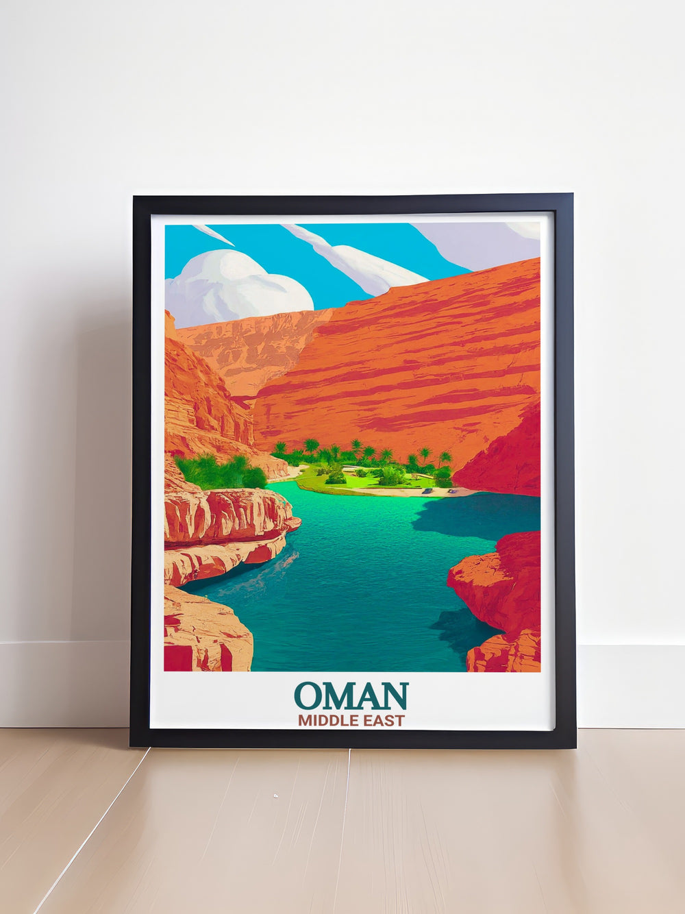 This Oman artwork beautifully displays Wadi Shabs turquoise pools and rugged cliffs. Perfect for decorating your home or office, this travel poster is a reminder of Omans stunning natural landscapes.