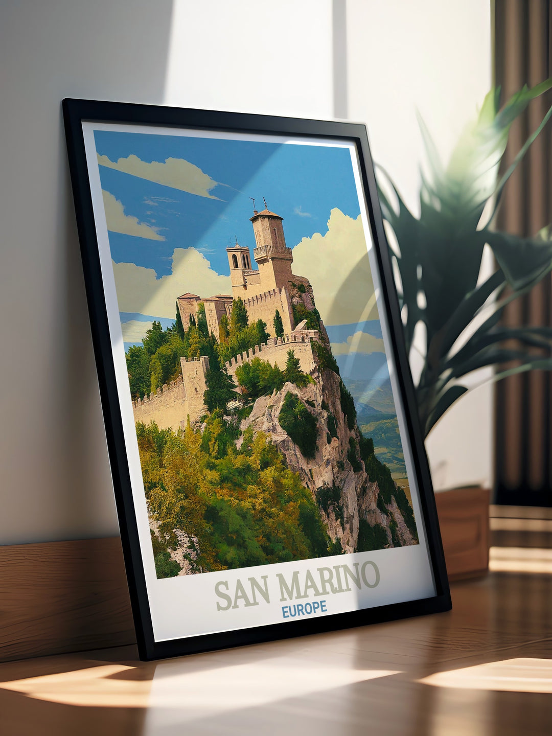 Bring the charm of San Marino into your home with this detailed Guaita Tower travel print. The artwork features the iconic medieval tower overlooking the rugged landscape of Europes oldest republic, making it a perfect gift or wall decor for lovers of European history and travel.