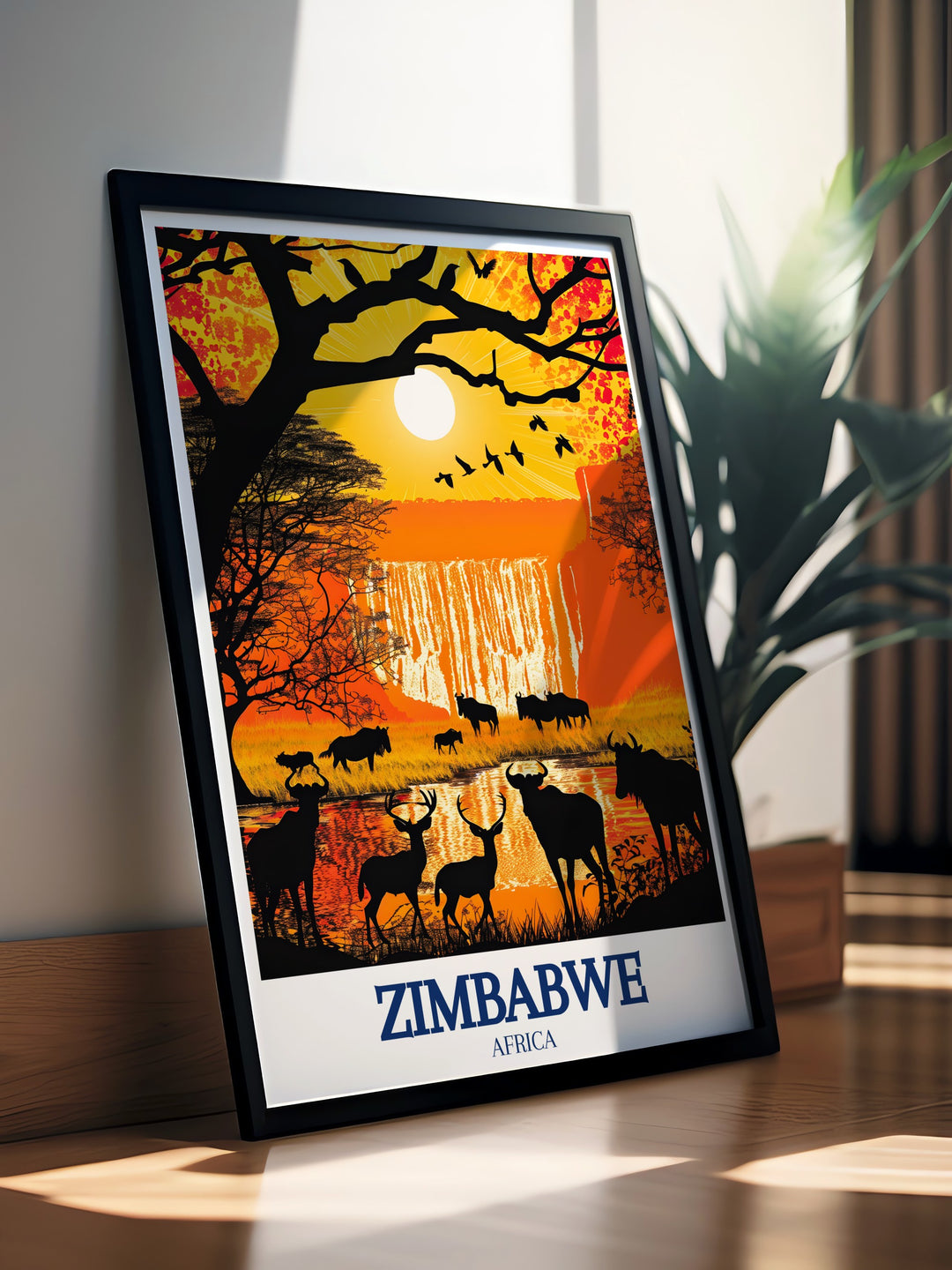 This vintage style poster print captures Zimbabwes Victoria Falls and Hwange National Park. With its bold design and attention to detail, this wall art offers a timeless celebration of Zimbabwes most famous natural wonders.