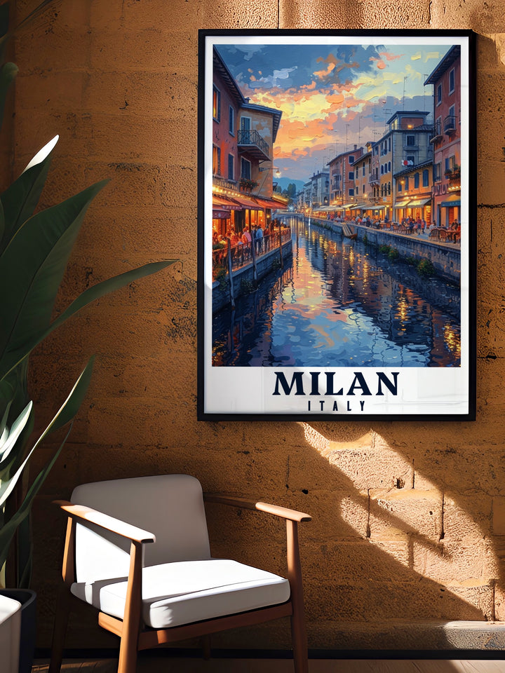 Milan Travel Print captures the lively energy of the Navigli District in a stunning piece of artwork. Perfect for decorating any room, this travel poster highlights the beauty and history of Milan, making it a thoughtful and stylish addition to your wall decor.