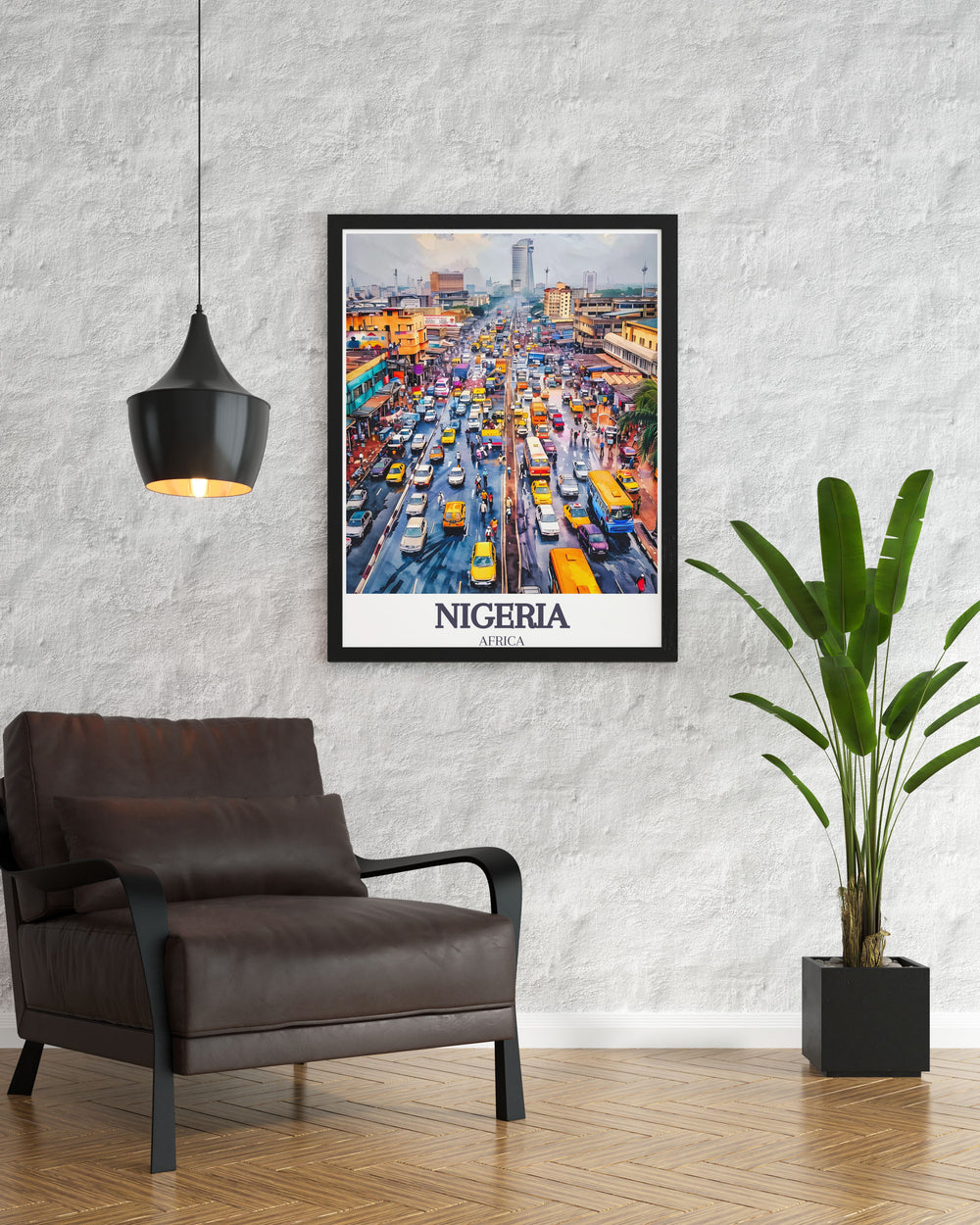 This Lagos modern print showcases the dynamic skyline and cultural richness of Nigeria a perfect addition to contemporary home decor offering a captivating focal point in any room.