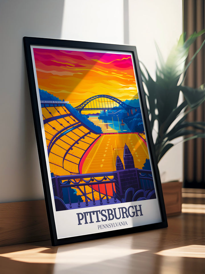 Celebrate Pittsburgh with a beautiful art print of Fort Pitt Bridge and Heinz Field. Perfect for travel enthusiasts and city lovers this Pittsburgh poster is a stylish and meaningful addition to any art and collectibles collection.