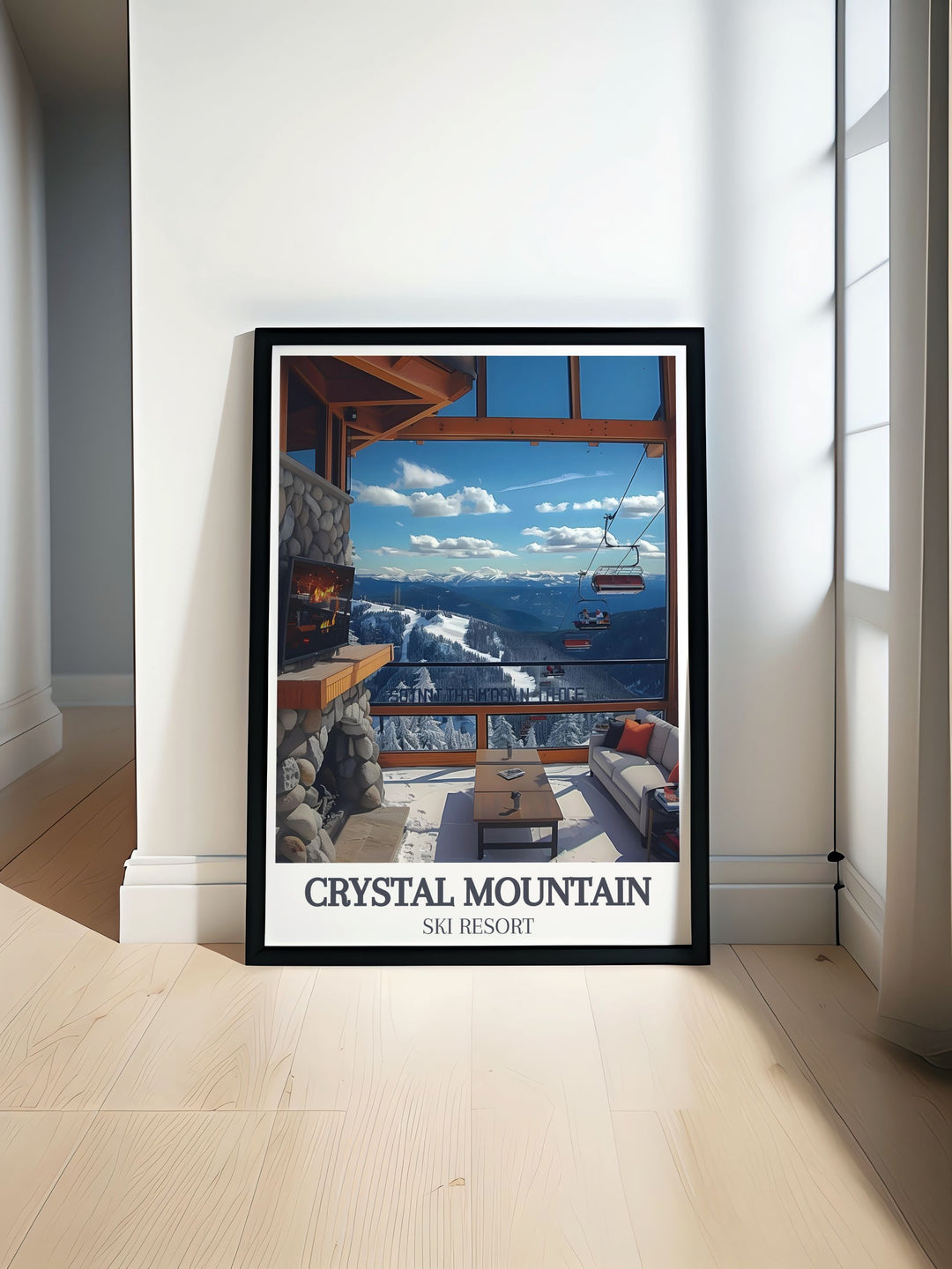 Fine art print showcasing Crystal Mountains expansive slopes with Mount Rainier in the backdrop, ideal for ski enthusiasts.