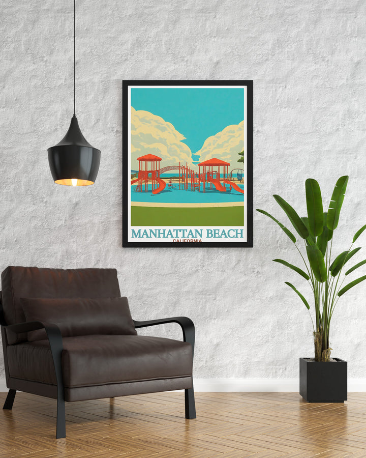 This Manhattan Beach travel poster brings Californias iconic coastline to life with vibrant colors and detailed scenery. Paired with Polliwog Parks tranquil greenery, its the perfect piece for anyone looking to add a touch of natural beauty and beach energy to their home.