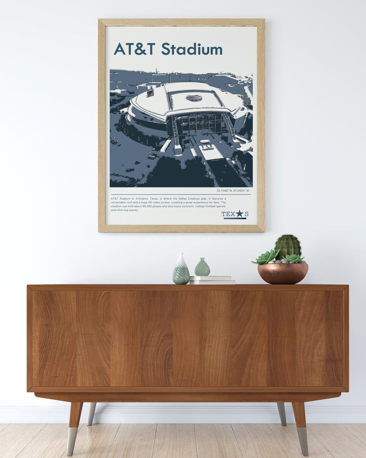 Iconic Texas sports Travel Poster showcasing the Dallas Cowboys at AT and T Stadium Texas Rangers at Globe Life Field and Dallas Mavericks at American Airlines Center ideal for gifts for dad and Fathers Day gifts