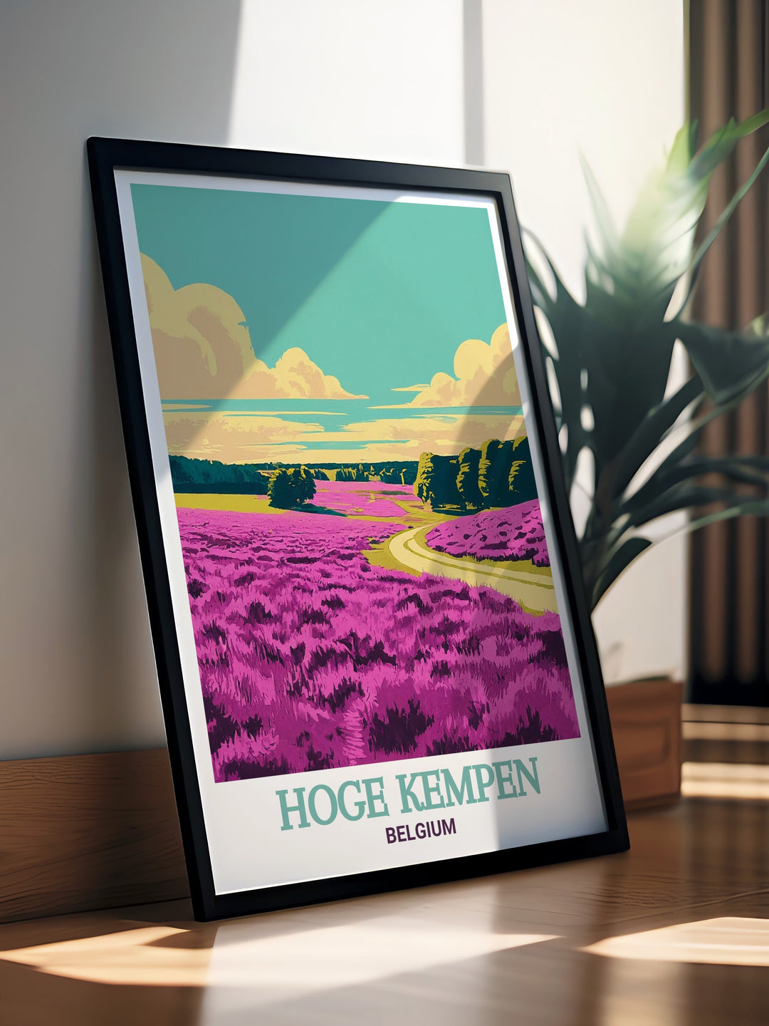 This artwork offers a stunning depiction of Hoge Kempens diverse ecosystems and the vibrant heather fields of Mechelse Heide, enhancing any space with Belgiums natural elegance.