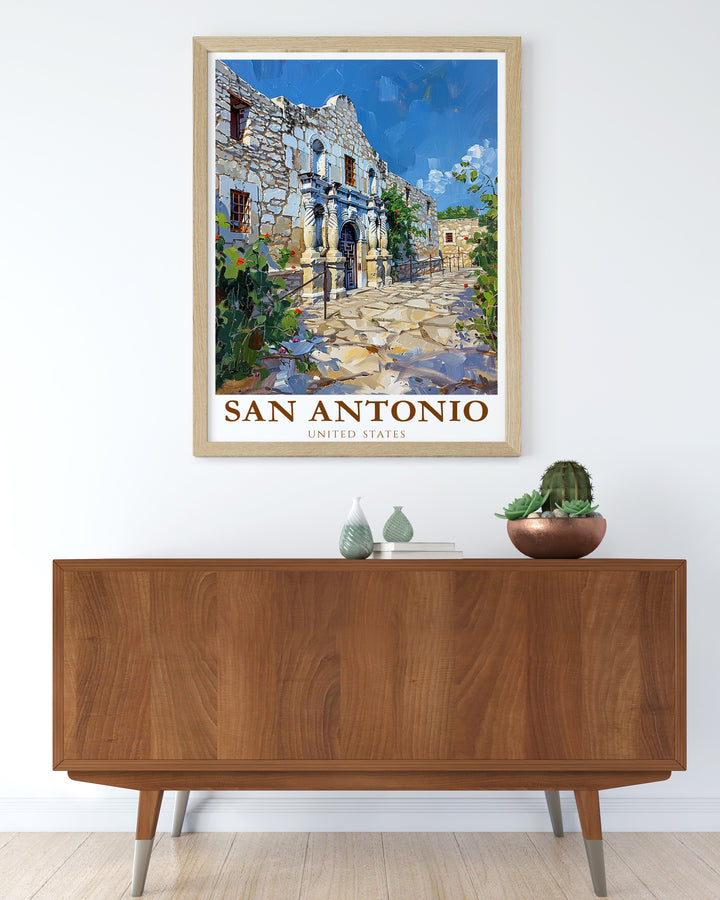 This travel print of San Antonio features the famous Alamo, capturing the essence of the citys heritage and historical significance. Perfect for lovers of American history, this artwork will inspire and add depth to any decor.