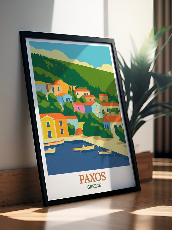 Stunning Loggos modern prints of Paxos island offer a serene view of Greece the perfect addition to any room this Greece island print adds elegance and vibrancy to your home decor combining digital artistry with the timeless beauty of the Mediterranean