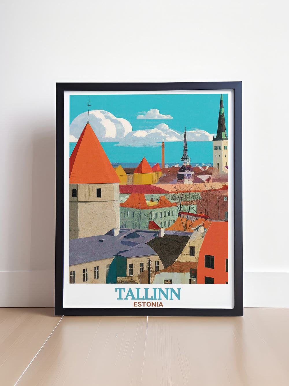 A detailed travel poster of Tallinn Old Town, Estonia, highlighting the architectural elegance of its medieval streets and vibrant facades. This Estonia wall art is perfect for home decor, adding a touch of European charm and making it an ideal gift for travel lovers.