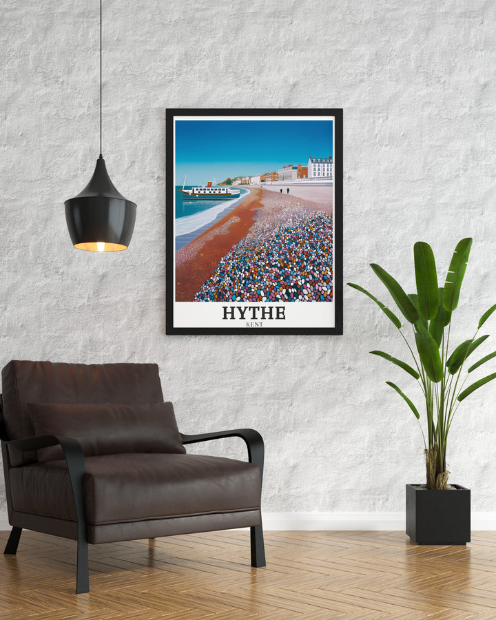 Hythe Beach and Hythe Seafront captured beautifully in this Kent travel print are perfect for enhancing any living space with coastal charm. The perfect addition to your home decor or a gift for beach lovers.