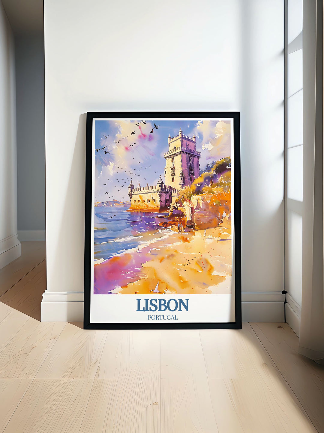 Discover the beauty of Portugal with our Belem Tower Tagus river travel art perfect for adding elegance to any room with its vibrant colors and rich history captured in a stunning minimal poster