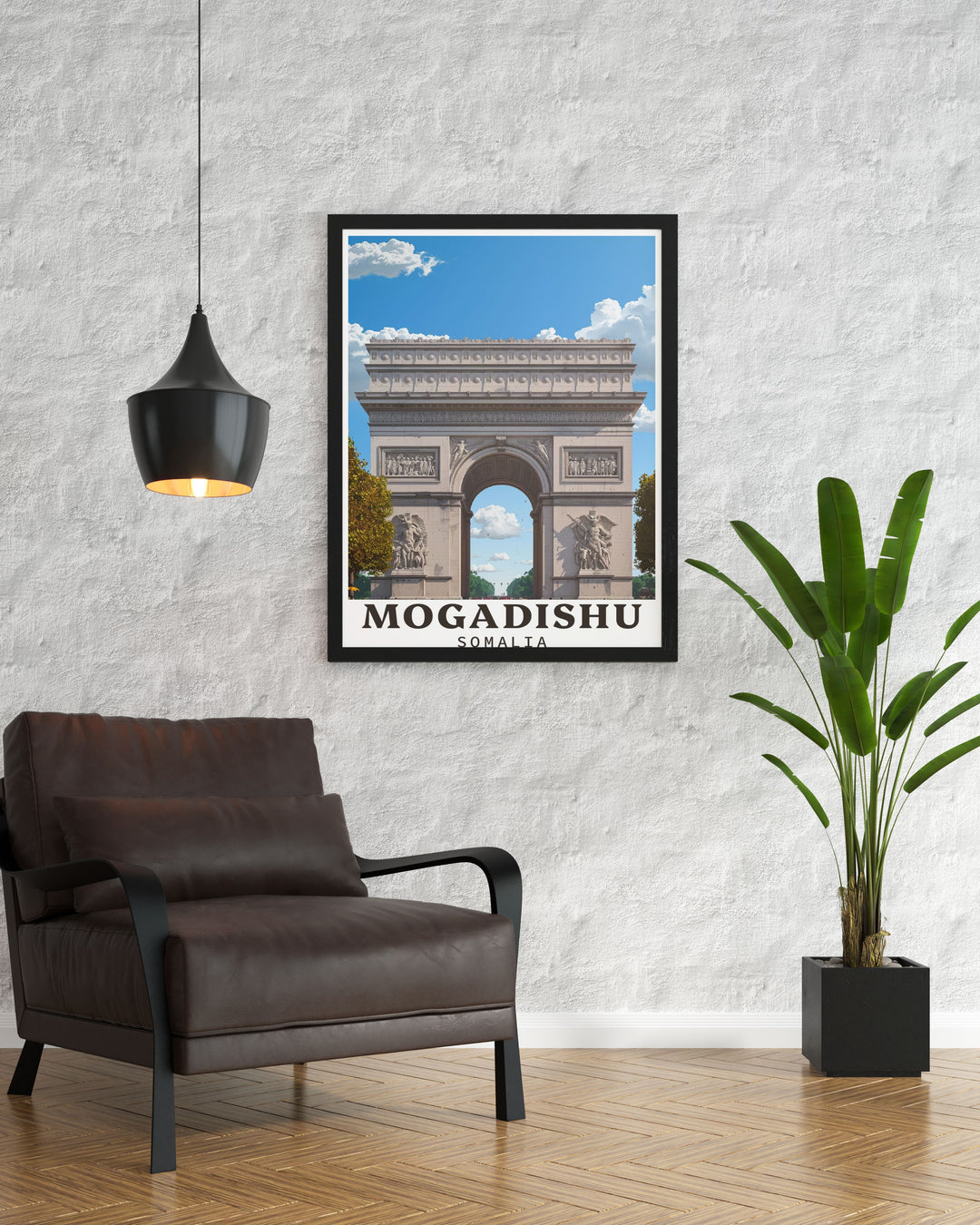 The Arch of Triumph in Mogadishu is beautifully illustrated in this poster, showcasing its historical significance and architectural grandeur, perfect for art lovers and history enthusiasts.