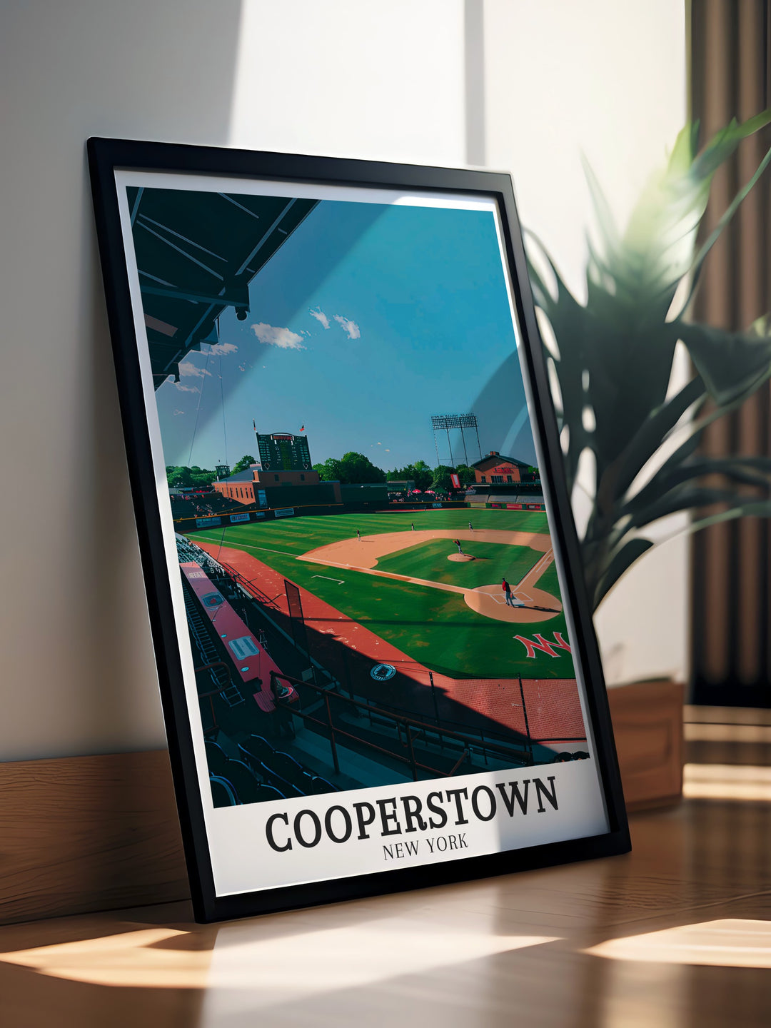 Display your love for baseball with this vintage poster of the National Baseball Hall of Fame in Cooperstown. Perfect for sports memorabilia collections, this artwork celebrates Americas favorite pastime.