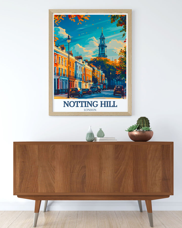 Vintage Notting Hill art showcasing the charm of Notting Hill Gate Village and St. Peters Church alongside the lively Portobello Market ideal for home decor or a thoughtful gift for anyone who loves West London and its iconic landmarks