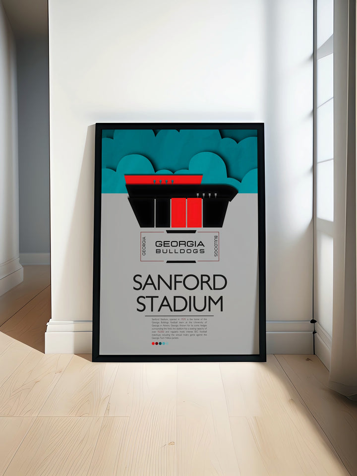 The Georgia Bulldogs art print featuring Touchdown Jesus at Sanford Stadium is an ideal addition for college football fans bringing the excitement of UGA football to any dorm room or home decor