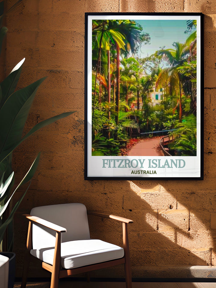 Secret Garden wall art features the enchanting walking trail nestled within Fitzroy Islands lush rainforest. This Australia travel print captures the essence of the trails peaceful surroundings, making it an ideal piece for those who appreciate calm, natural environments.