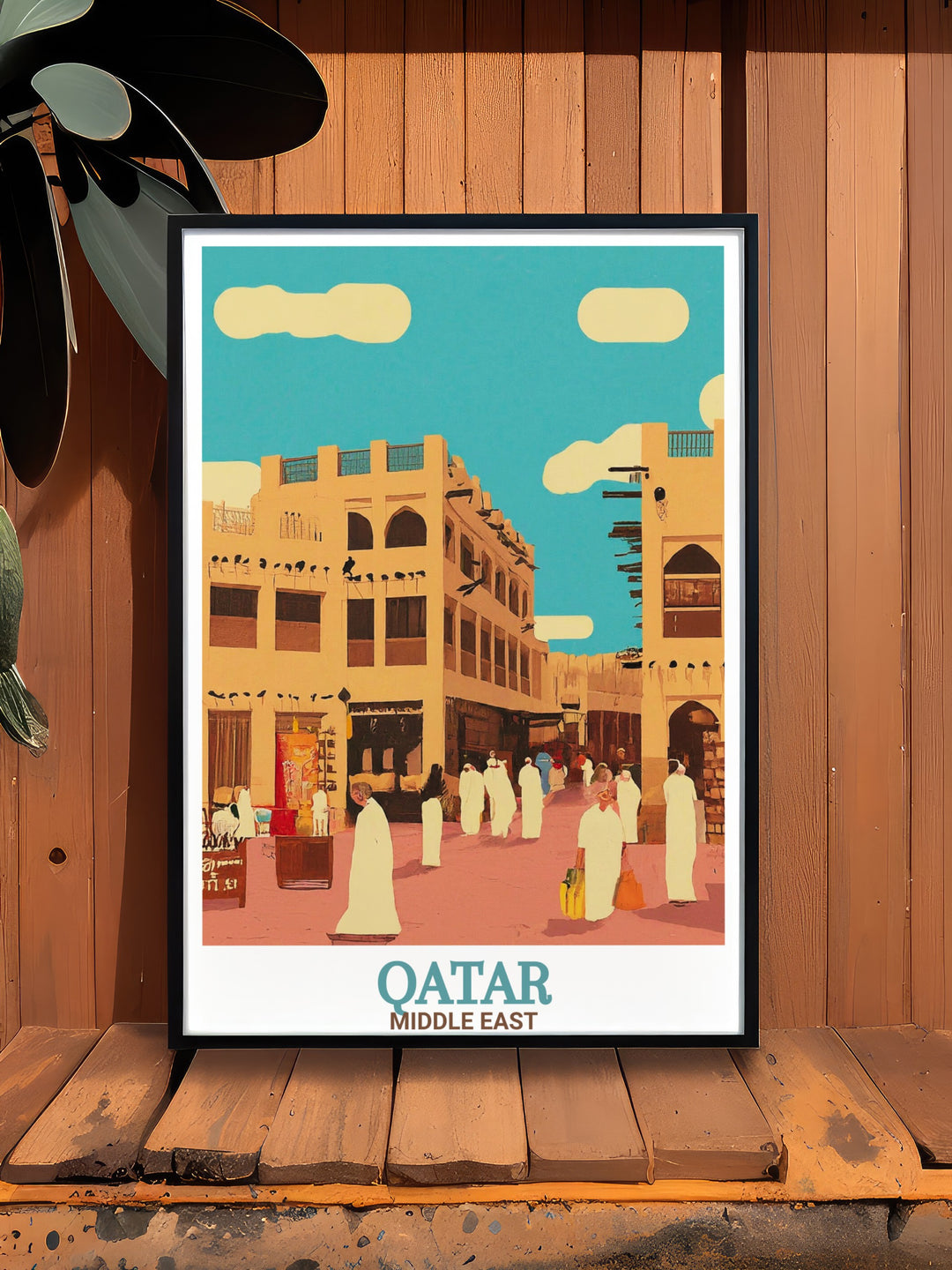 A vibrant travel print of Qatars Souq Waqif marketplace. This artwork captures the intricate alleyways, colorful shops, and cultural atmosphere of the souq, making it a perfect piece for those who appreciate Middle Eastern heritage and architecture.