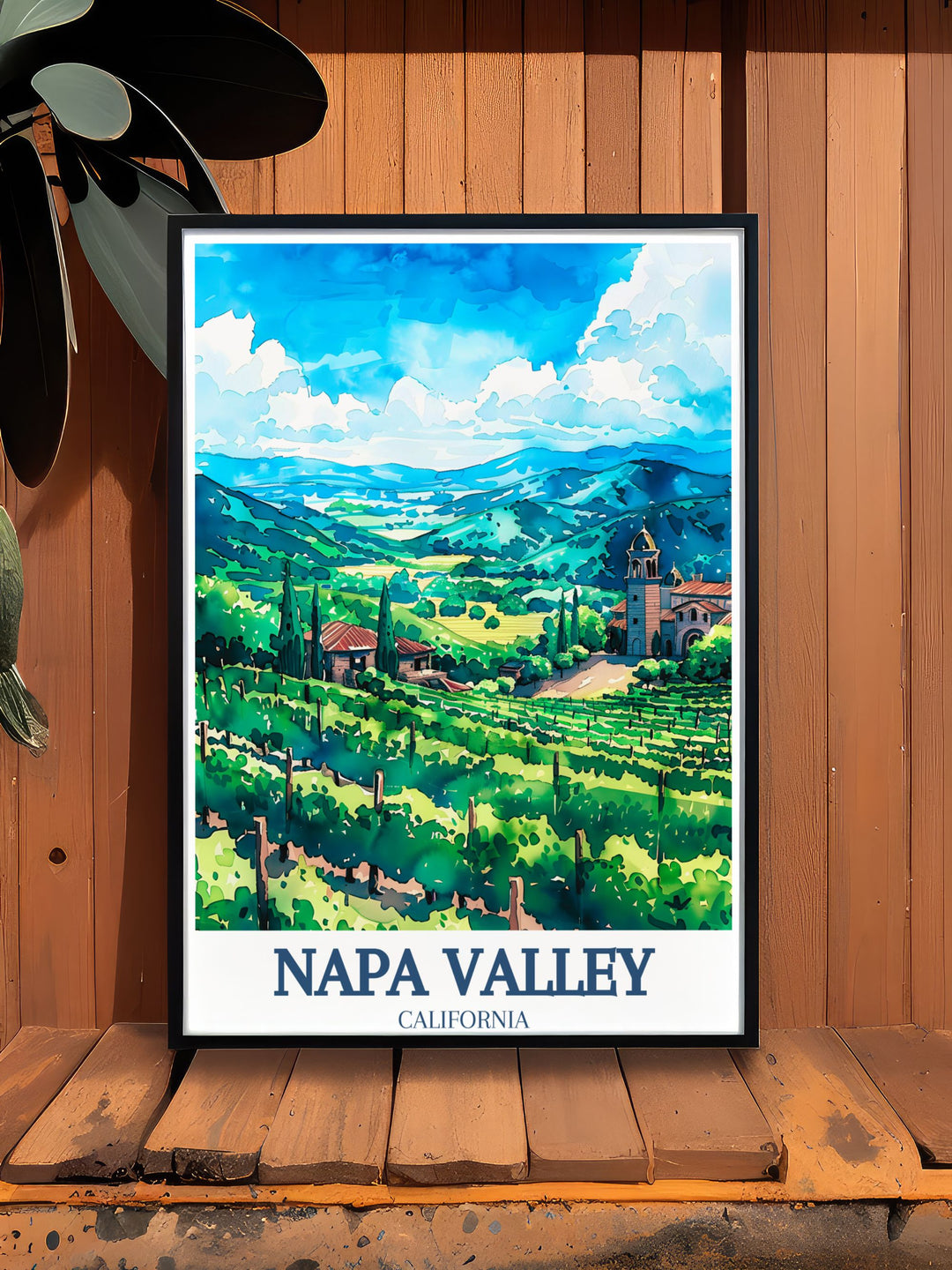 Detailed Napa Valley Decor featuring the picturesque vineyards and the stunning Mayacamas and Vaca mountain ranges an exquisite addition to any home or office