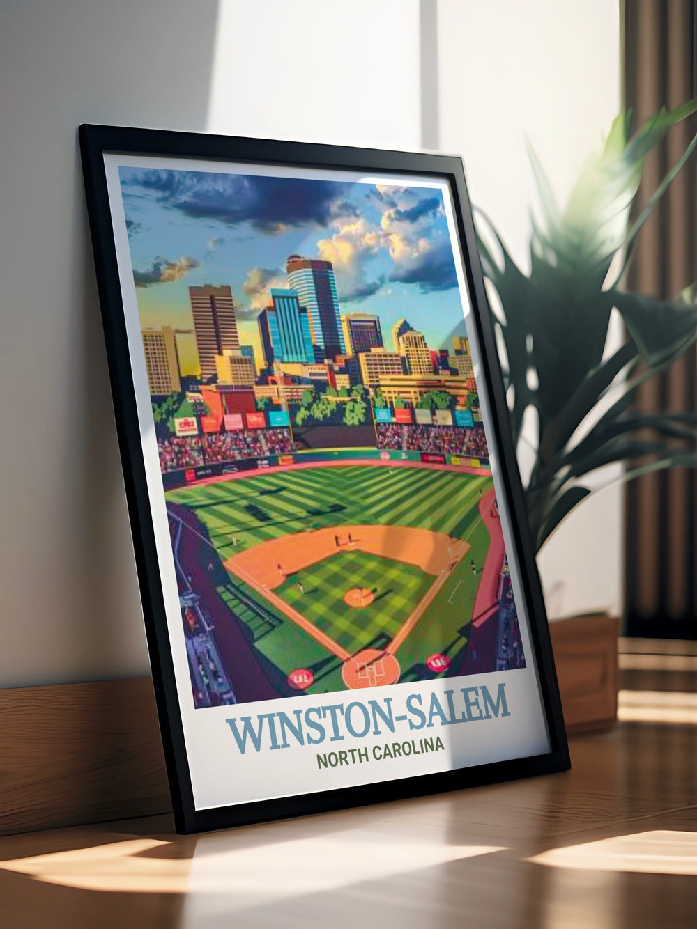 BB&T Ballpark wall art featuring a detailed illustration of the venue. This print captures the essence of game day excitement and the community spirit of Winston Salem, perfect for any sports enthusiasts home decor.