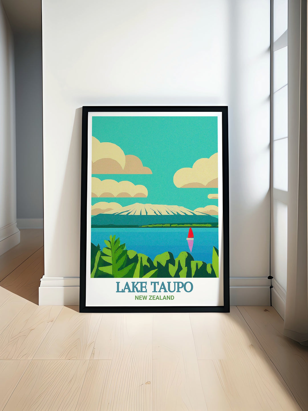 Lake Taupo Travel Poster featuring the peaceful and expansive landscapes of Lake Taupo, capturing the essence of New Zealands natural beauty. This travel poster is perfect for those who love the outdoors and want to bring a piece of New Zealands wilderness into their home.