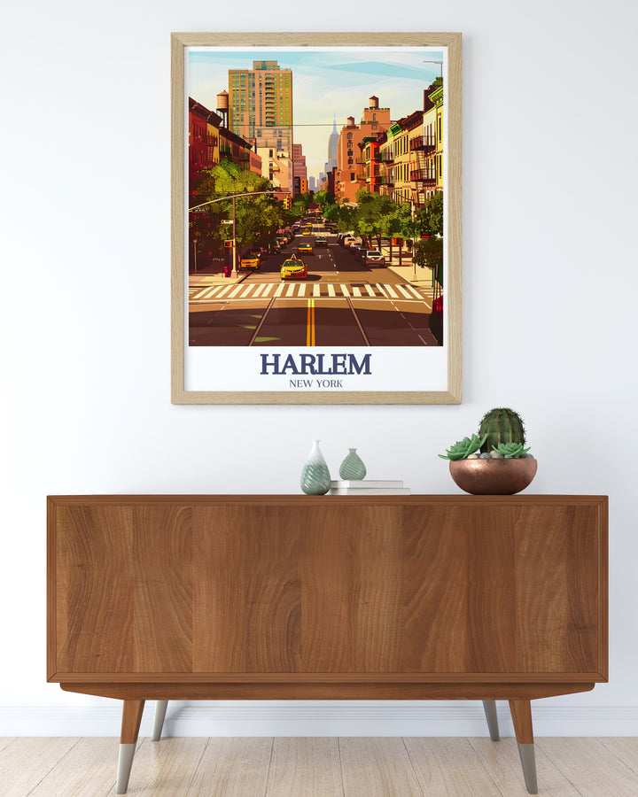 This Harlem poster print captures the energy of Harlems iconic streets, from 155th Street to Manhattans urban skyline. Perfect for anyone looking to add a piece of New York Citys charm to their home or office decor.