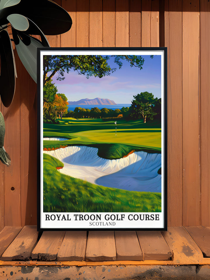 Golf artwork of Royal Troon featuring the Postage Stamp hole and Isle of Arran brings the beauty of the Scottish Highlands to life ideal for home decor or as a gift for golfers who appreciate open golf tournaments and the history of legendary courses.