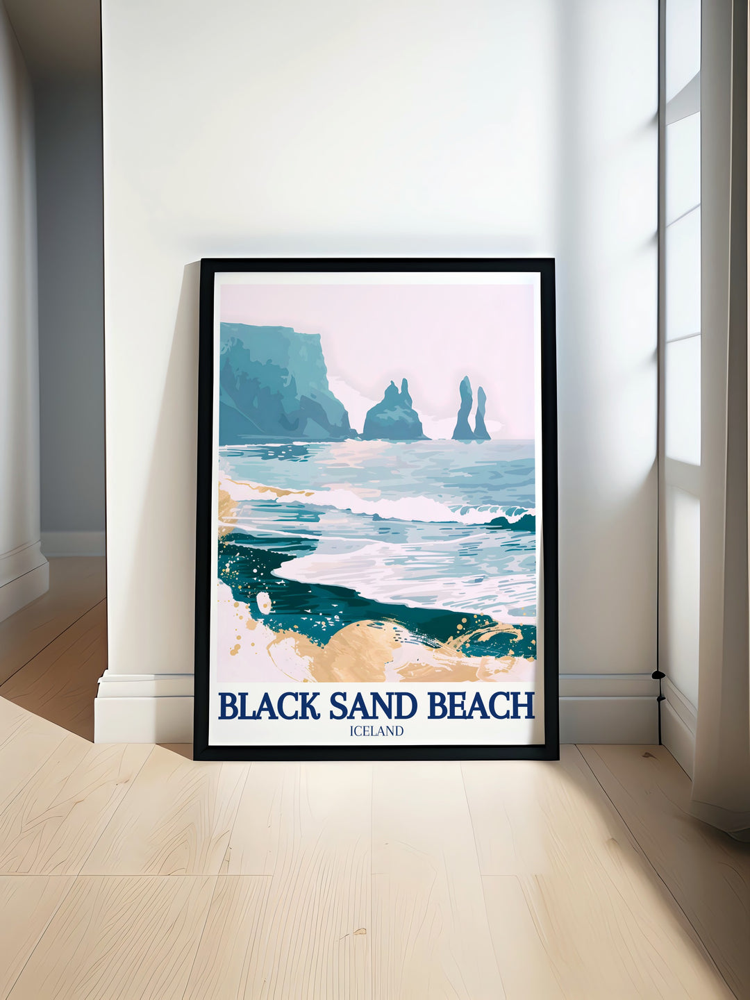 Reynisdrangar Sea Stacks Vintage Poster highlighting the legendary sea stacks of Reynisfjara, Icelands famous Black Sand Beach. This vintage poster brings a sense of mystery and wonder to your home, inspired by Icelandic folklore