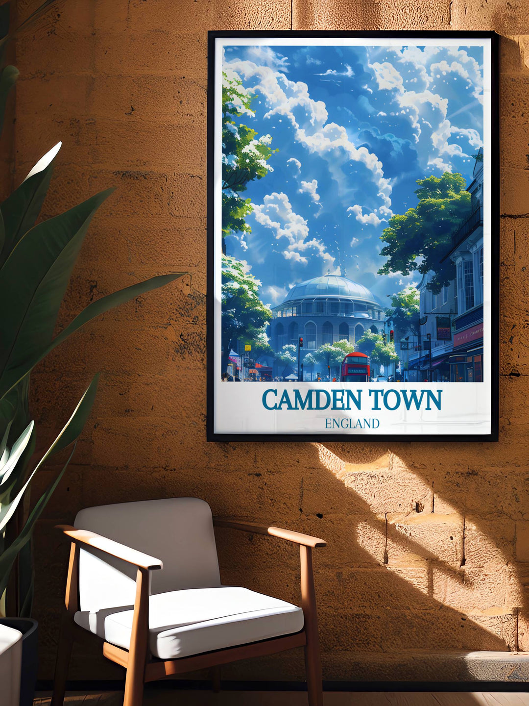 The Roundhouse travel poster capturing the essence of Camden Town London with its vibrant markets and street art perfect for bringing a touch of Londons artistic heritage into your home.