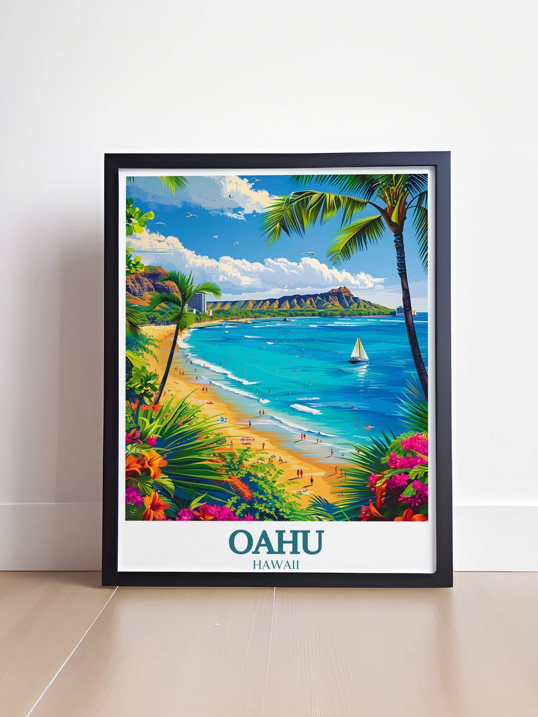 This captivating Oahu photo features Waikiki Beach and Diamond Head Crater offering a breathtaking glimpse into the natural beauty of Hawaii ideal for home decoration.