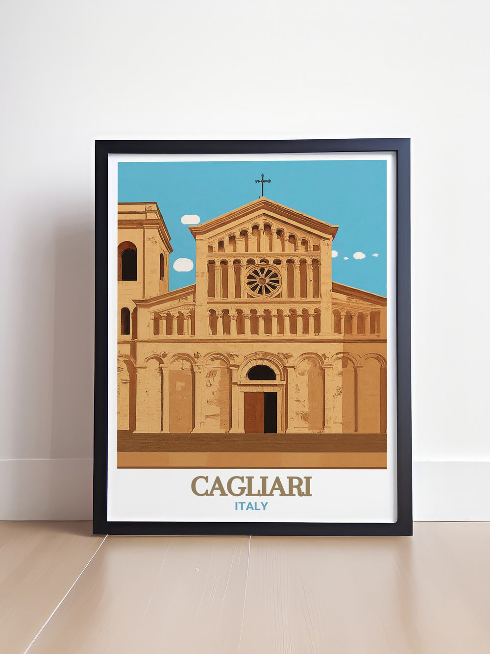 Italy Travel Print beautifully showcases the Cathedral of Santa Maria in Cagliari, highlighting its rich history and architectural splendor. Ideal for those who appreciate religious art and Italian landmarks, this travel print is a must have.