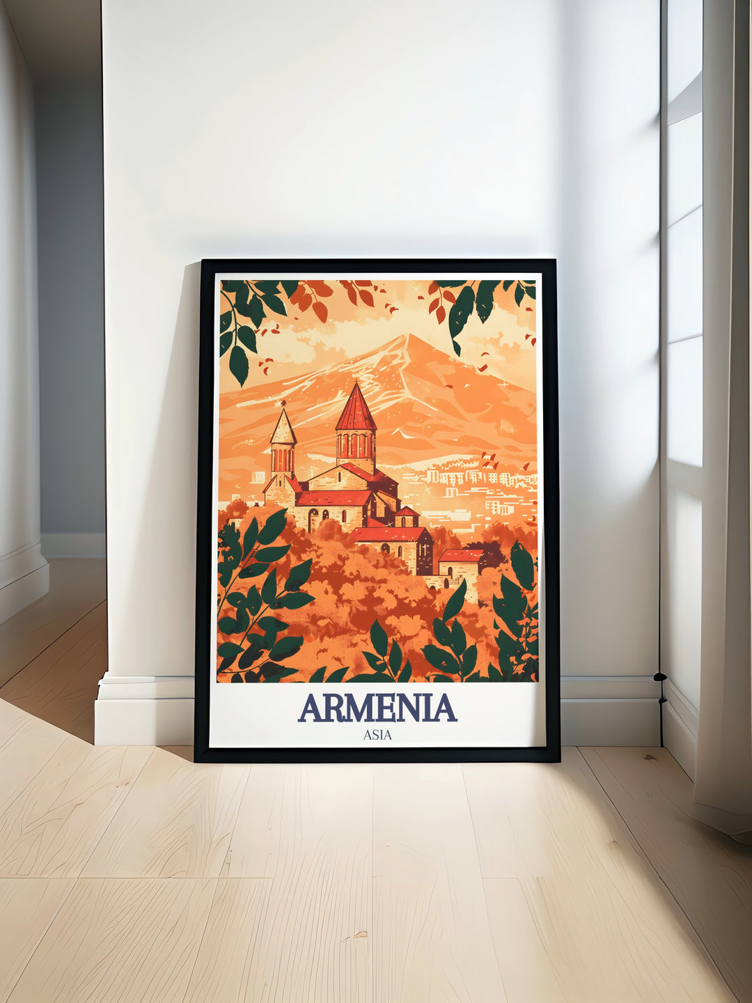 Armenia poster print celebrates the cultural and historical significance of the Khor Virap Monastery and Ararat Plain. This travel print brings a sense of tranquility and history into your home, making it an excellent gift for art and travel lovers.