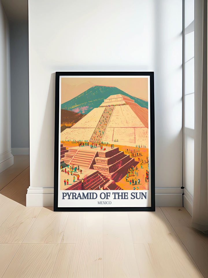 Mexico wall art featuring the Sun Pyramid at Teotihuacan, Quetzalcoatl Temple perfect for adding vibrant history and culture to your living space with stunning colors and intricate details creating a captivating centerpiece.