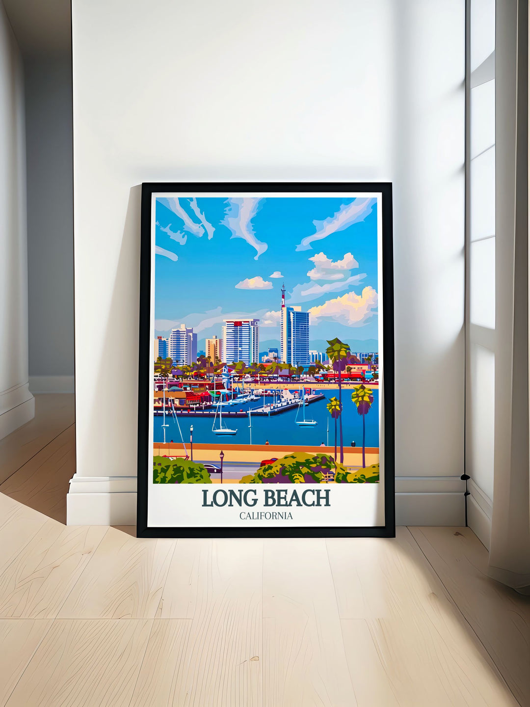 Belmont Shore Long Beach Downtown poster print showcases the vibrant skyline of California with a modern art style perfect for home or office decor. This digital download makes a great personalized gift or vintage decor for lovers of California and Long Beach City Map.