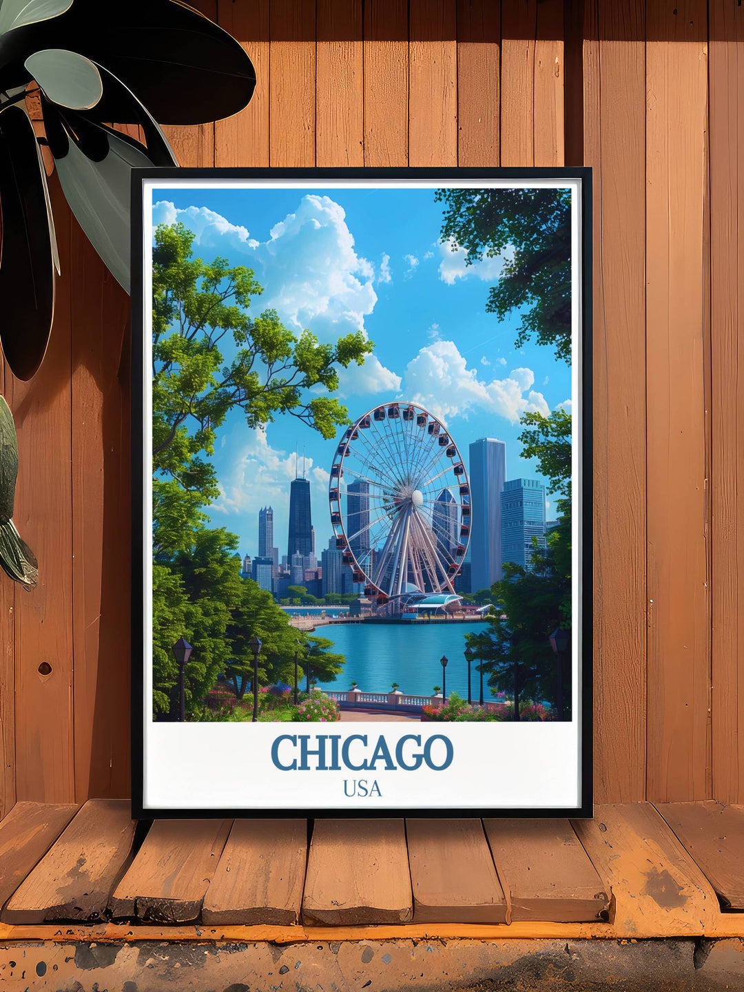Navy Pier vintage travel print depicting the bustling atmosphere and picturesque views of Chicagos beloved attraction. This Chicago artwork is a timeless piece that enhances any room with its detailed and vibrant imagery.
