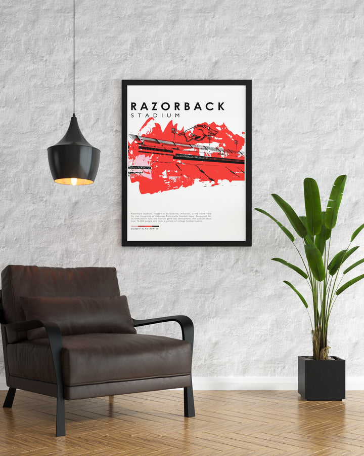 Celebrate Arkansas football with this striking Razorbacks art print featuring Razorback Stadium perfect for any fans collection an excellent choice for dorm decor or unique gifts