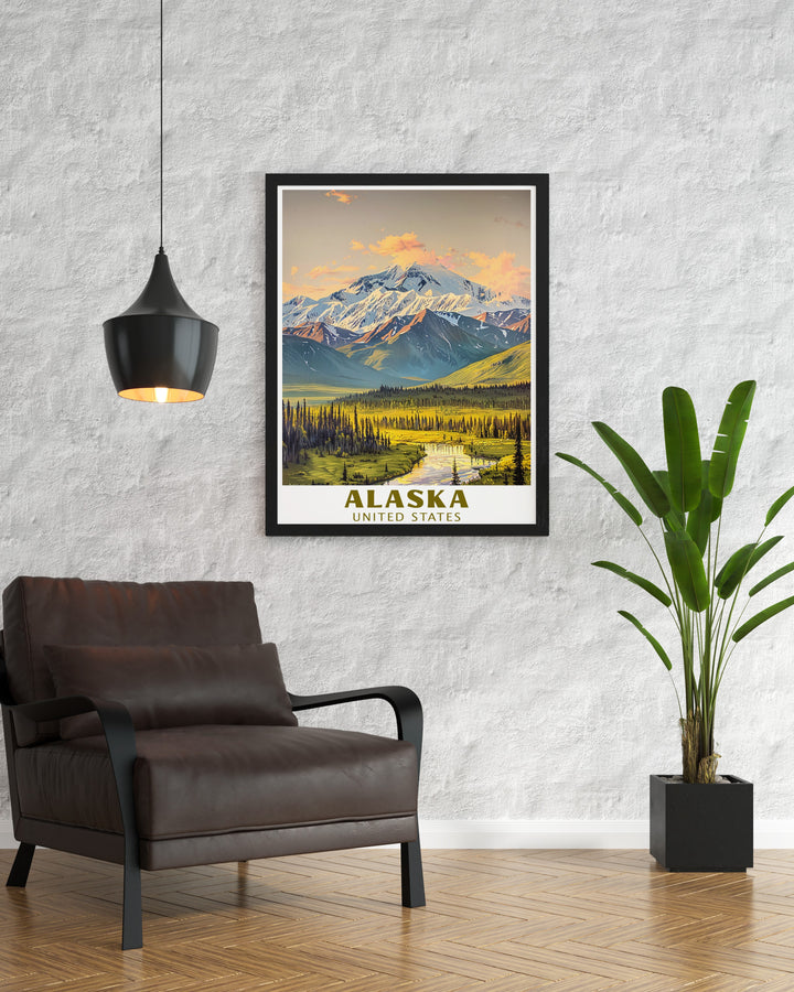 Bring Alaskas stunning Denali National Park into your home with this detailed travel print. Featuring the iconic Denali mountain, this poster is ideal for those who admire national parks, making it a perfect gift for adventurers or nature lovers.